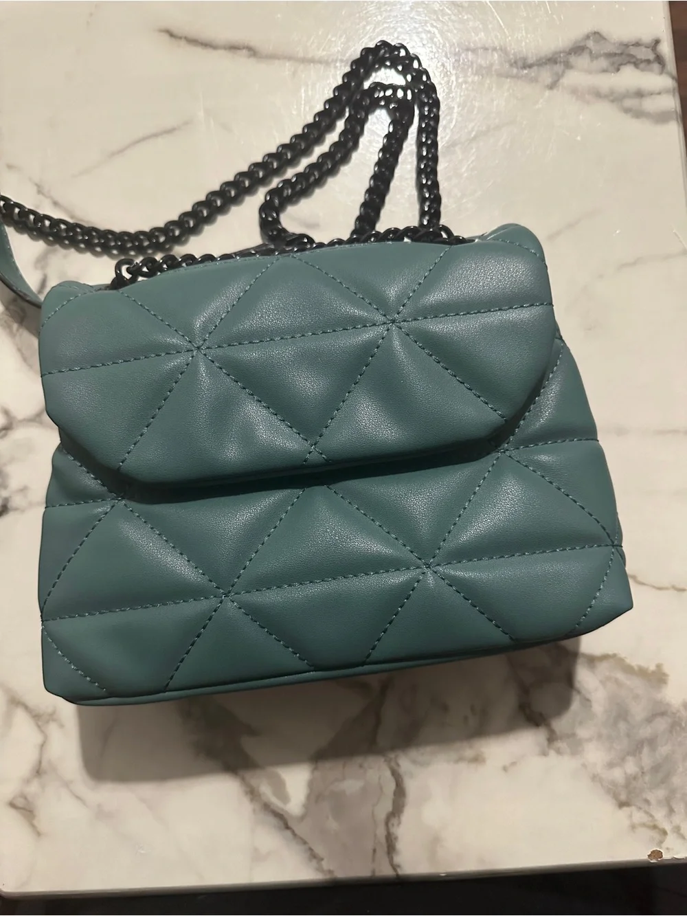 Quilted Vegan Leather Crossbody Bag in Aqua Blue with black Chain Strap